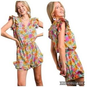 Umgee Floral Romper NWT Retro Daisy Ruffle Sleeve Boho M